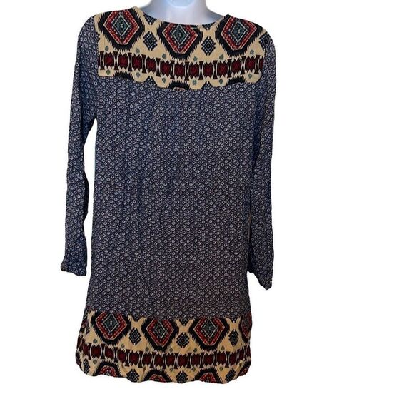 𝅺Umgee EUC Blue Red Southwest Aztec Print Long Sleeve Dress Sz S - Picture 2 of 6